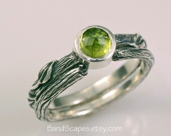 PETITE ROSE Wedding Set. Peridot Rose Cut Natural Stone, Handmade To Order in Sterling Silver