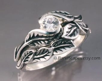 MOISSANITE DELICATE LEAF Engagement Ring with matching Wedding Band in Sterling Silver