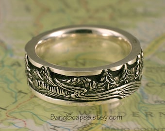 Wider PEAKS, PINES, and RIVERS - 8mm, A Highly Detailed Wedding Band in Sterling Silver, Mountains, Pine Trees,  Handcarved Detail