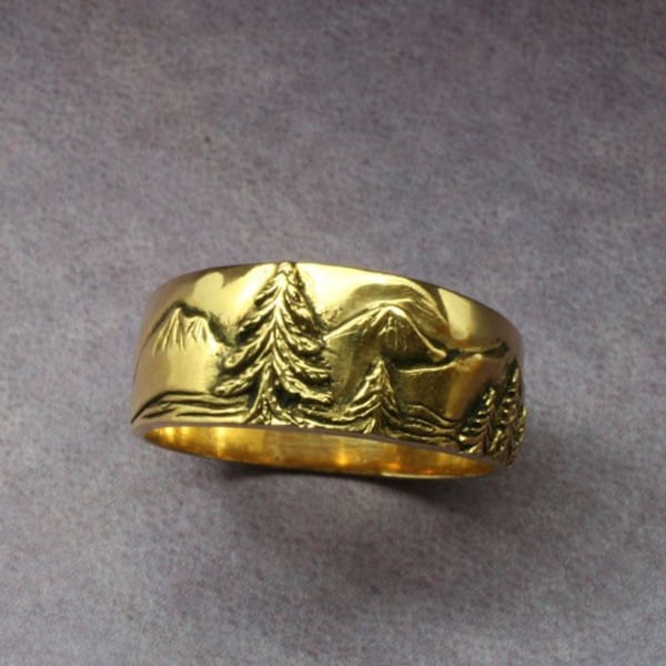 TROUWBAND VAN EEN BERGBERG in 14k geel-, rosé- of witgoud, bergband, boomband, boomring, bergen en rivieren