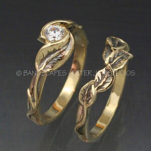 Gold DELICATE LEAF Wedding Ring Set Engagement Ring and Matching Wedding Band. This ring set with Natural Diamond image 4