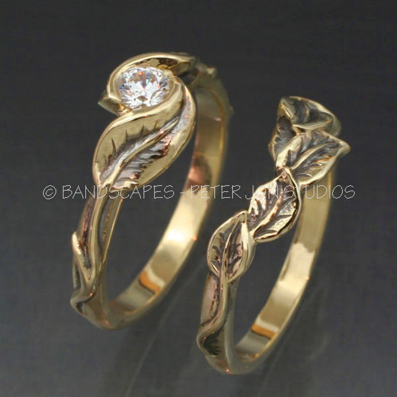 Gold DELICATE LEAF Wedding Ring Set Engagement Ring and Matching Wedding Band. This ring set with Natural Diamond image 4