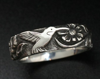 HUMMINGBIRD BAND in Sterling Silver - Fine Detailed Carving