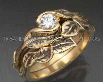 Gold DELICATE LEAF Wedding Ring Set - Engagement Ring and Matching Wedding Band.  This ring set with Natural Diamond