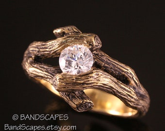 TWIN TWIGS Ring made in Your Choice of Gold. With 5mm Moissanite. Branch Wedding Ring