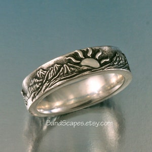 SUNSET Mountain Band - Highly Detailed Wedding Band in Sterling Silver, River, Pines, Sunrise,  Handcarved Detail