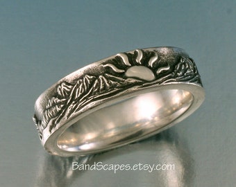 SUNSET Mountain Band - Highly Detailed Wedding Band in Sterling Silver, River, Pines, Sunrise,  Handcarved Detail