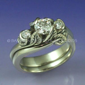 All Moissanite PACIFIC WILLOW 3-Stone Wedding Ring set. Made to order in Rose, or Yellow, or White gold