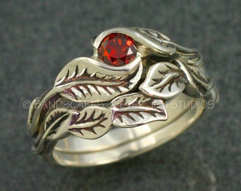 Cinnamon Diamond in Gold DELICATE LEAF Wedding Ring Set - Handmade Engagement Ring and Matching Wedding Band.