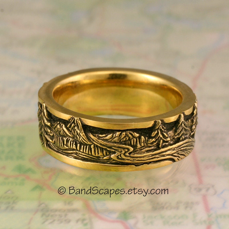 Wide PEAKS PINES and RIVERS Band, in solid 14k White Gold, Yellow Gold, or Rose gold, Your choice.  Pine Tree band, Mountain band, Mountains