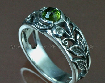 Sterling SPRINGTIME Ring - Leaves and Scrolling Vines, Choice of Tourmaline with White Sapphire Accent Stones