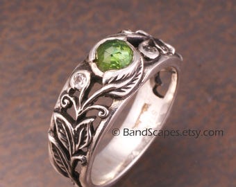 Sterling SPRINGTIME Ring - Leaves and Scrolling Vines, Choice of Tourmaline with White Sapphire Accent Stones