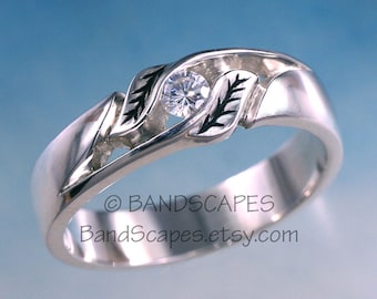 CONTEMPORARY LEAVES Band.  This ring handmade in sterling silver, set with white sapphire.