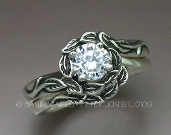 GOLD HALO With Moissanite, Wedding Ring Set. Your choice of 14k Yellow, 14k White, or 14k Rose Gold
