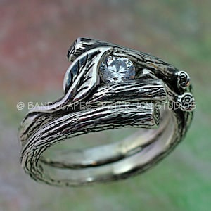 KIJANI Single Leaf Engagement Ring, Wedding Band Set in Sterling Silver with White Sapphire image 1