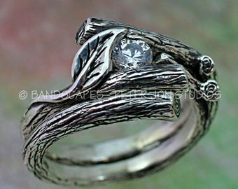 KIJANI Single Leaf - Engagement Ring, Wedding Band Set in Sterling Silver with White Sapphire