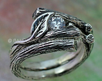 Set with MOISSANITE, KIJANI Single Leaf - Engagement Ring, Wedding Band Set in Sterling Silver