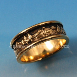 Wide LANDSCAPE BAND in solid 14k White, Yellow, or Rose gold, Your choice.  Pine Tree band, Mountain band