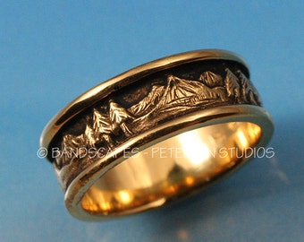 Wide LANDSCAPE BAND in solid 14k White, Yellow, or Rose gold, Your choice.  Pine Tree band, Mountain band