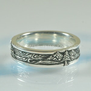 OCEAN WAVES Wedding Band with Oceans and Mountains.  Made to order in Sterling Silver,  Water Wind and Stone