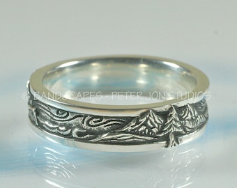 OCEAN WAVES Wedding Band with Oceans and Mountains.  Made to order in Sterling Silver,  Water Wind and Stone