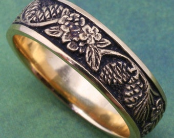 Wedding Band, PINE CONES and Forget-Me-Nots, Detailed carving in your choice of 14k white, rose  or yellow gold, Pine Band, Pine Ring