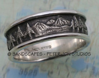 MOUNTAIN LANDSCAPE Wedding Band, 8mm width, in Sterling Silver, Pine Tree Ring, Pine Band, Mountain Band