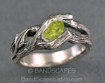 ETERNAL SPRING With Raw Peridot, Wedding Ring.  Rough, Raw, Uncut Stone, This Twig ring made to order in sterling, Other stones are possible