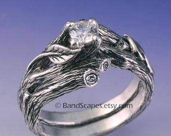 ACADIA WEDDING RING Set with Moissanite - Twig Engagement Ring, Matching Band, Choice of 14k gold color