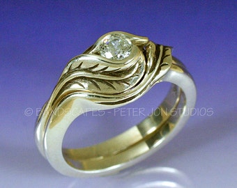 GOLD TULIP-DIAMOND Set. Engagement Ring and Matching Wedding Band in your choice of 14k White, Yellow, or Rose gold