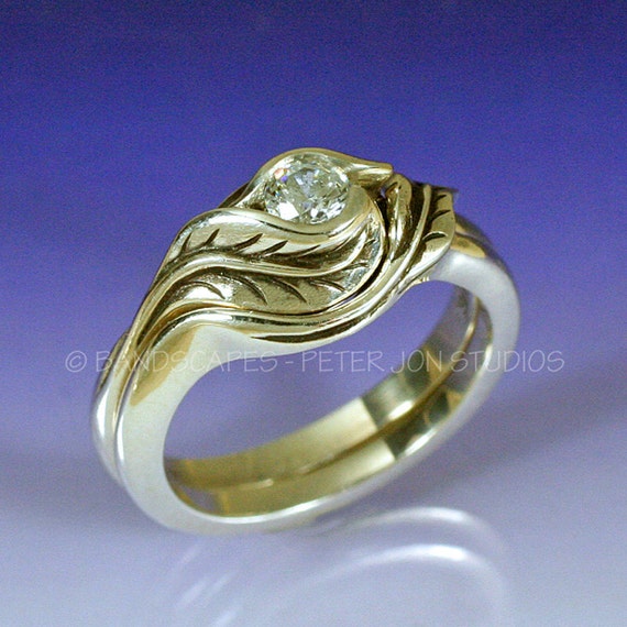 GOLD TULIP-MOISSANITE Set. Engagement Ring and Matching Wedding Band in your choice of 14k White, Yellow, or Rose gold