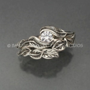 MOISSANITE DELICATE LEAF Engagement Ring with matching Wedding Band in Sterling Silver image 3