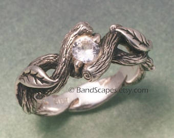 OPEN TWIST in Choice of GOLD, Moissanite, Leaves with Spiraling Vine and Branch, Twisted Twigs. Leaf and Vine Band, Leaves Engagement Ring