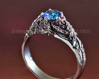 CRATER LAKE Blue Diamond Engagement Ring and Wedding Band, Mountain wedding rings made to order in either of 14k White, Yellow, or Rose gold