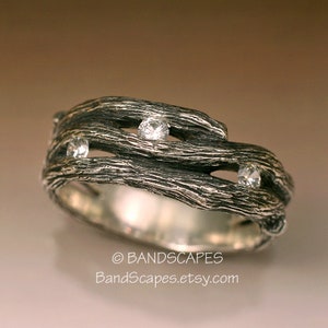 STONE BRANCH Wedding Band - a Natural Twigs and Branches Ring, With White Sapphire, in Sterling Silver. Branch and Vine