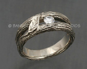SOLITAIRE LEAF and White Sapphire, A Twig Ring in Sterling Silver.  Twig and Leaves Wedding Ring