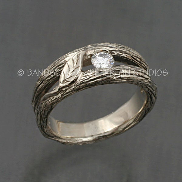 SOLITAIRE LEAF and White Sapphire, A Twig Ring in Sterling Silver.  Twig and Leaves Wedding Ring