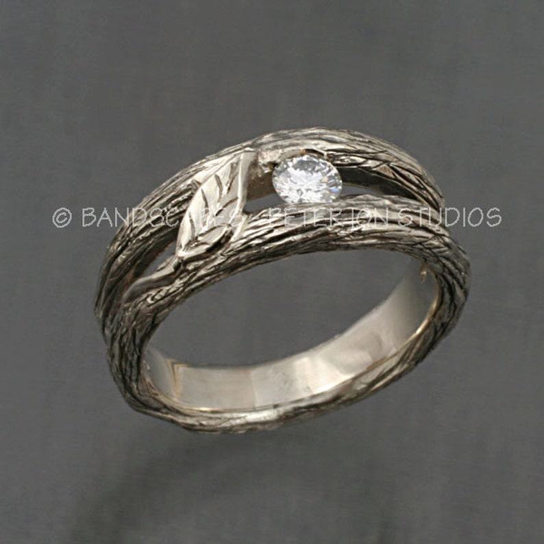 SOLITAIRE LEAF and White Sapphire, A Twig Ring in Sterling Silver. Twig and Leaves Wedding Ring image 1