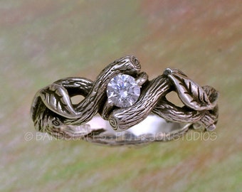 OPEN TWIST in Choice of Gold, Moissanite, Leaves with Spiraling Vine and Branch, Twisted Twigs. Leaf and Vine Band, Leaves Engagement Ring