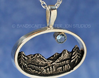 BLUE MOON Over Crystal Peaks, Mountain pendant in Sterling Silver, Mountain jewelry, Tree pendant