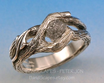 Raw, Rough Crystal Diamond ETERNAL SPRING Wedding Ring.  This Twig ring made in sterling silver