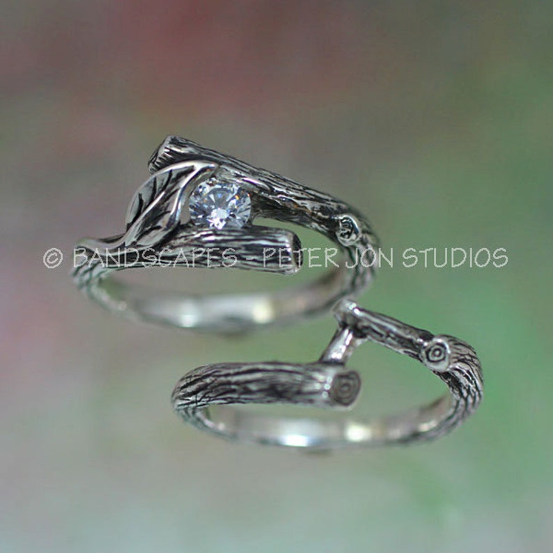Set with MOISSANITE, KIJANI Single Leaf - Engagement Ring, Wedding Band Set in Sterling Silver image 4