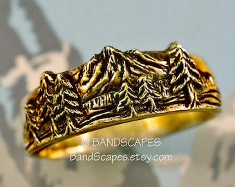 THE SENTINEL Your Choice of Yellow, White, or Rose Gold, Mountain Ring, Wedding Band, Handmade Pine Tree Ring, Pine Band, Mountain Band