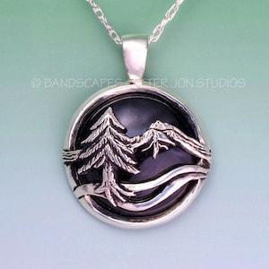 MOUNTAIN PENDANT Domed Onyx Background, In Sterling Silver, Pine Tree, River Necklace