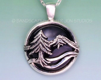 MOUNTAIN PENDANT Domed Onyx Background, In Sterling Silver, Pine Tree, River Necklace