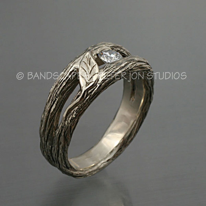 SOLITAIRE LEAF and White Sapphire, A Twig Ring in Sterling Silver. Twig and Leaves Wedding Ring image 4
