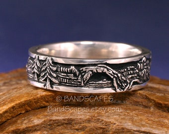 UTAH South-West Landscape - A Highly Detailed Wedding Band in Sterling Silver, Zion, Bryce, Arches, Handcarved Detail