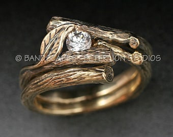 KIJANI WEDDING SET - Natural Diamond.  Twig and Leaf Engagement Ring with Matching Wedding Band.  Done in 14k yellow, white or rose gold