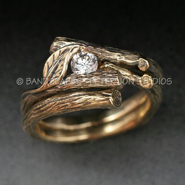 KIJANI WEDDING SET - Natural Diamond.  Twig and Leaf Engagement Ring with Matching Wedding Band.  Done in 14k yellow, white or rose gold