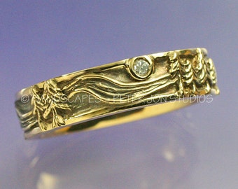 The RIVER RUN Wedding Band - Sun, Pine and Flowing Water, in your choice of 14k Yellow, White, or Rose Gold, Pine Tree Ring